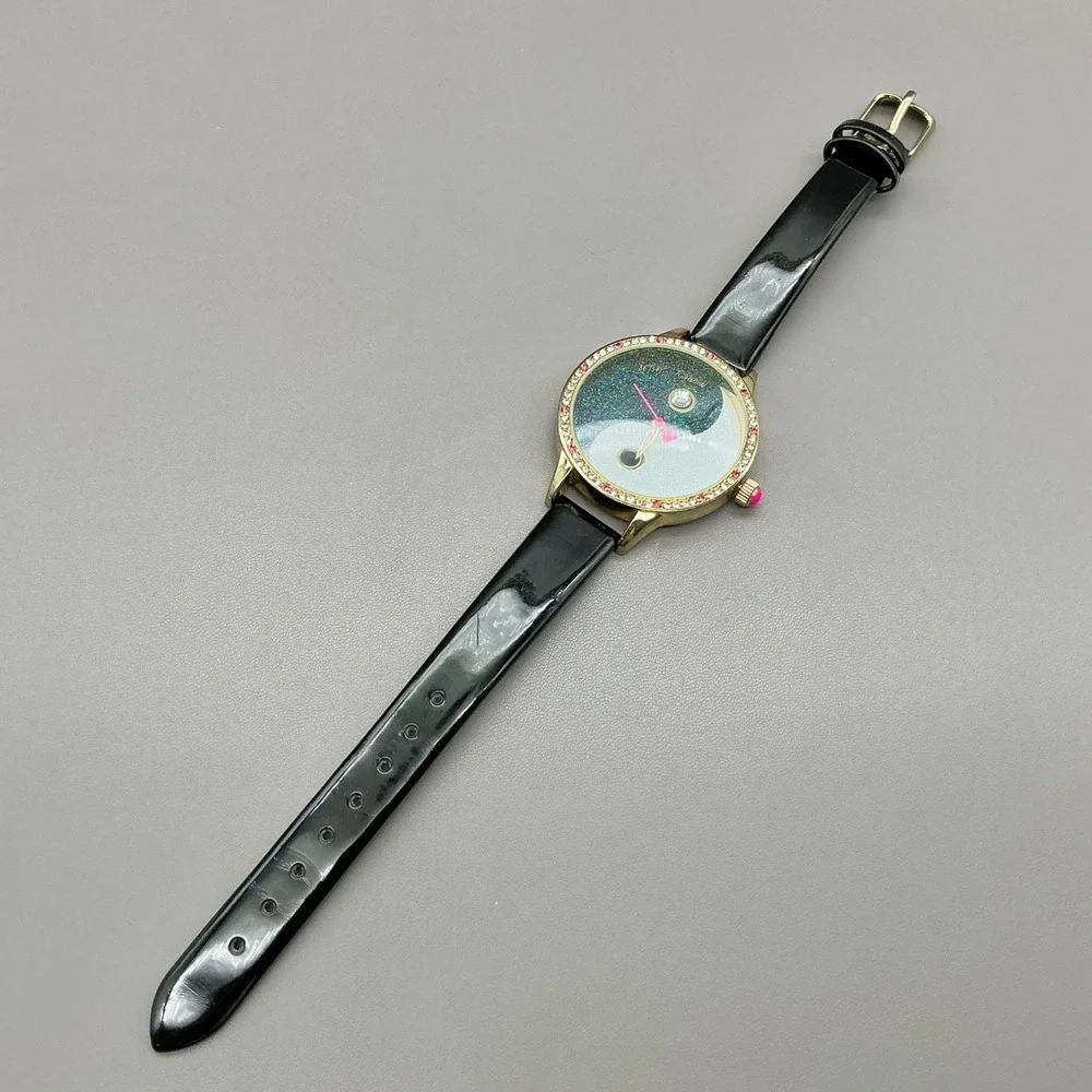 Betsey Johnson Watch Yin Yang Glitter Crystal Black Gold 40mm NEW BATTERY